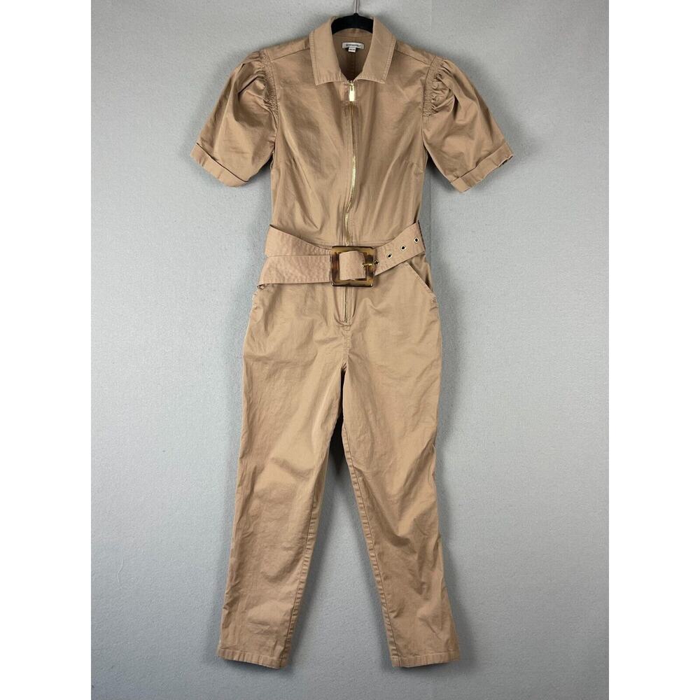 WeWoreWhat Belted Jumpsuit Womens XS Tan Short Sleeve Classic Minimal Modern